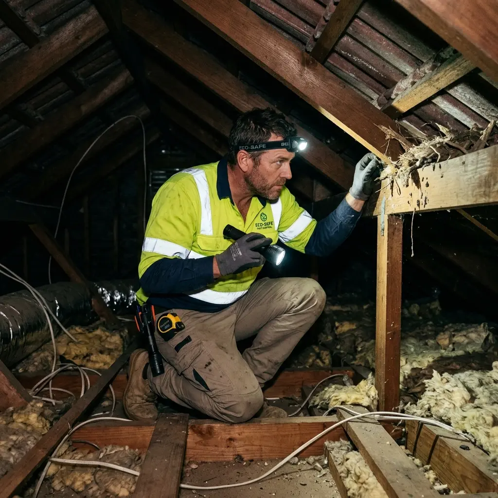Technician inspecting a roof cavity for a dead animal in Noble Park